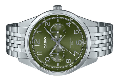 Casio MTP-E340D-3AV Stainless Steel Green Dial Day/Date Quartz Analog Mens Watch