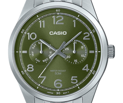 Casio MTP-E340D-3AV Stainless Steel Green Dial Day/Date Quartz Analog Mens Watch